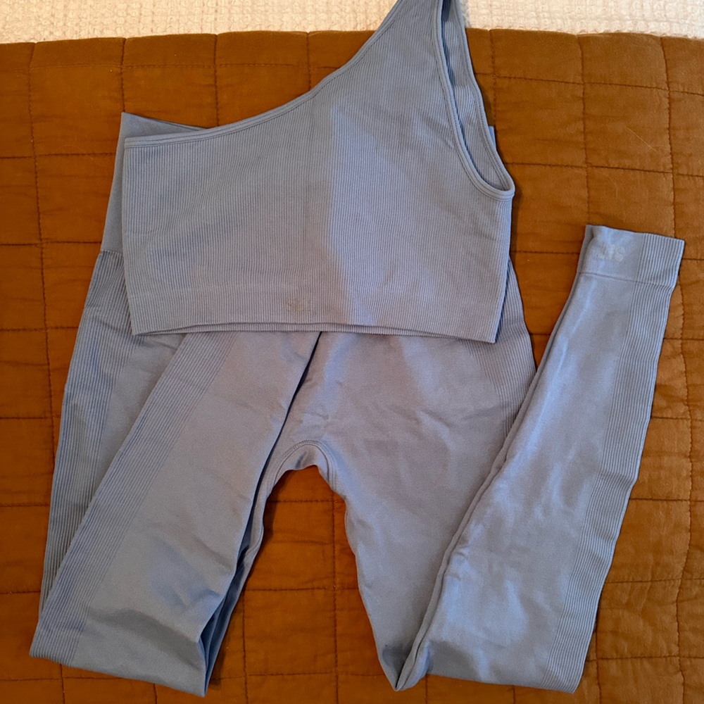SET Active Ribbed One-Shoulder Crop Top & Leggings Set in Dusty Blue